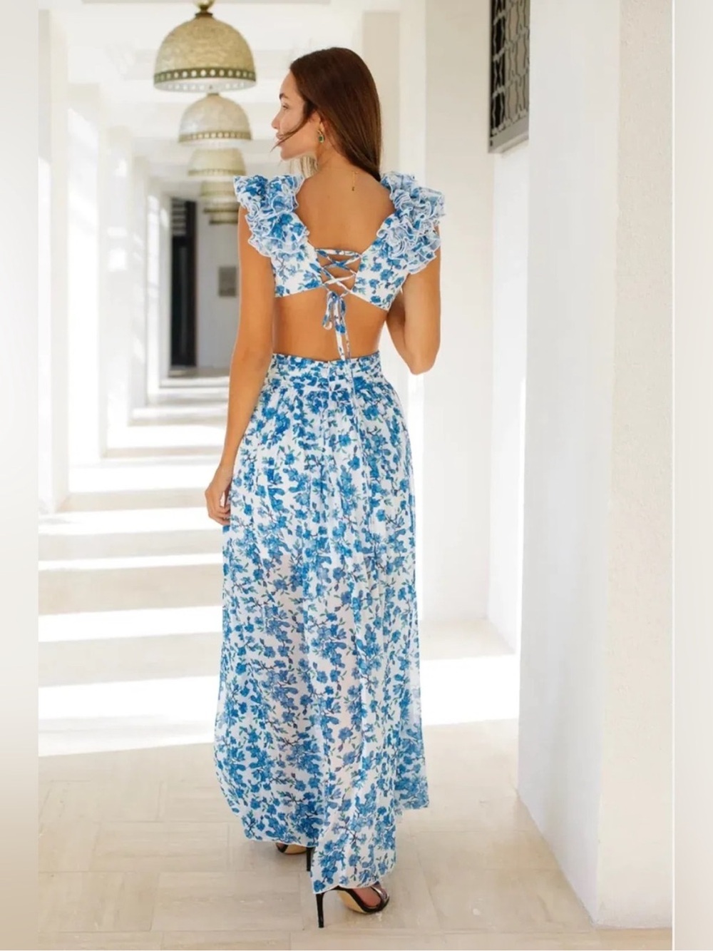 Anne Louise Boutique ABL Blue Floral Ruffle Maxi Dress Mykonos Cassini NWT - Picture 3 of 12